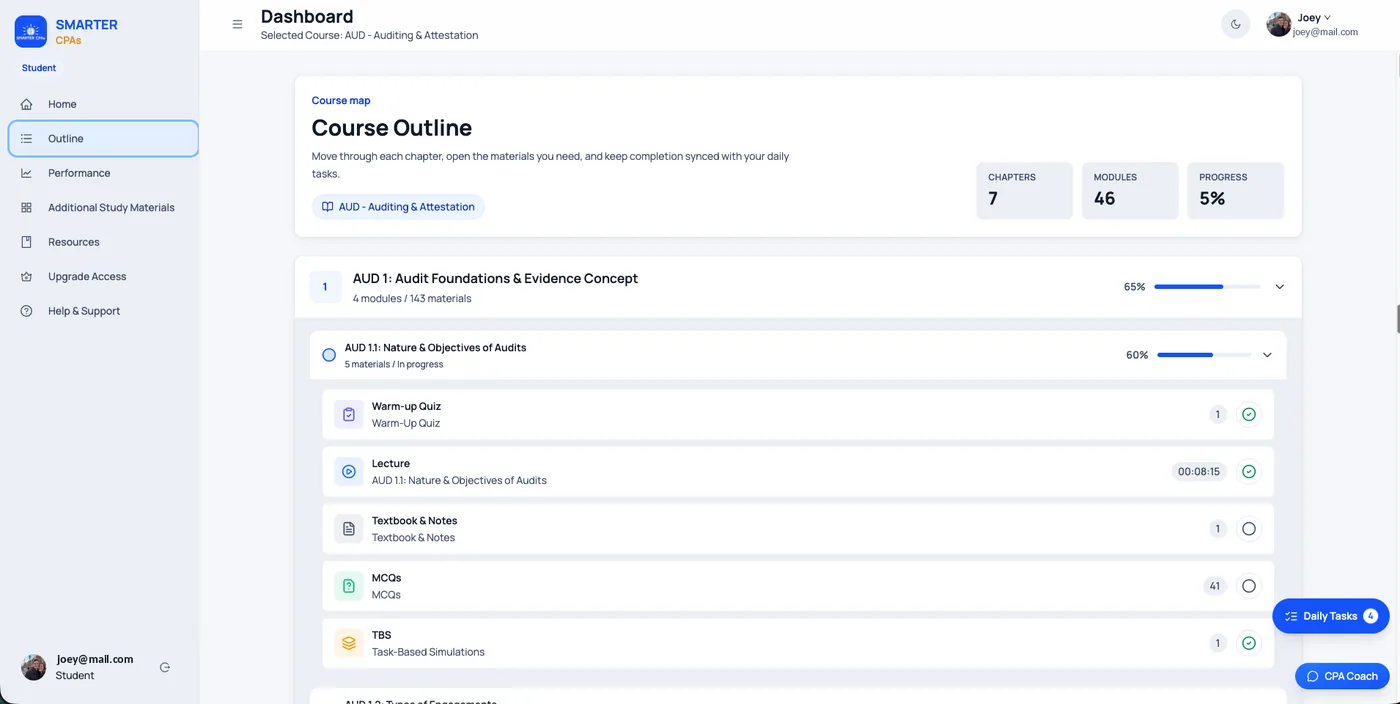Smarter CPA course outline showing AUD chapters, modules, and lesson materials with progress tracking