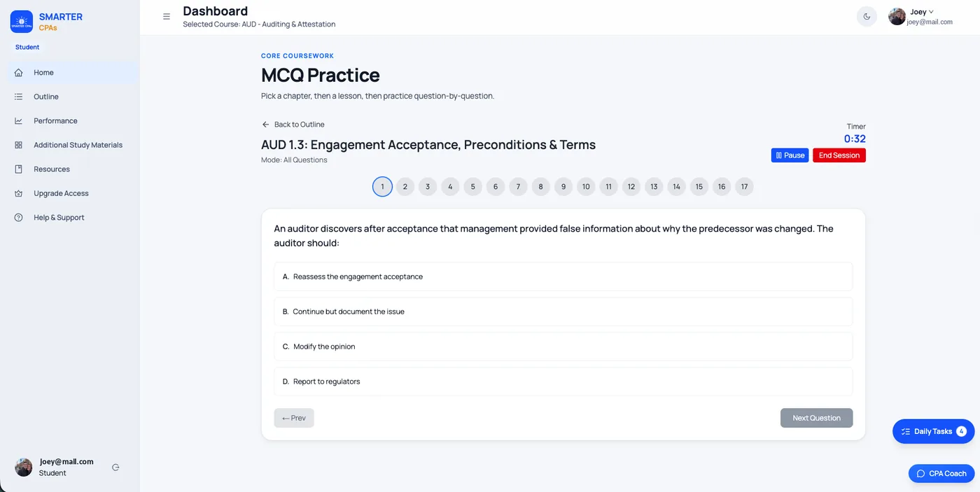 Smarter CPA MCQ practice screen showing an AUD multiple-choice question with answer choices and a question navigator